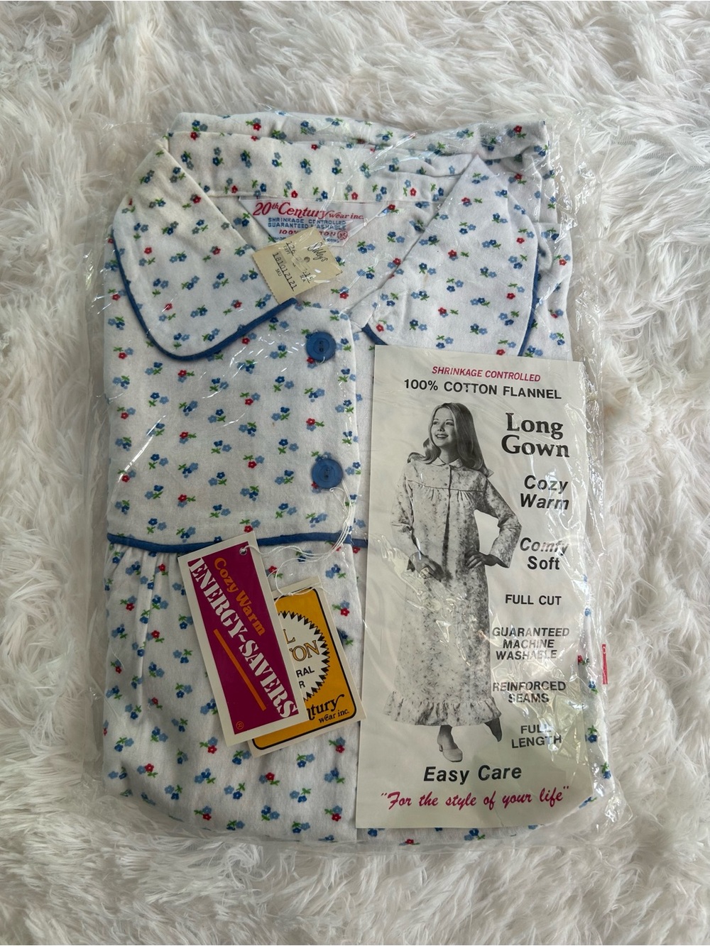 NWT Vintage 20th Century Cotton Flannel Floral Long Nightgown
